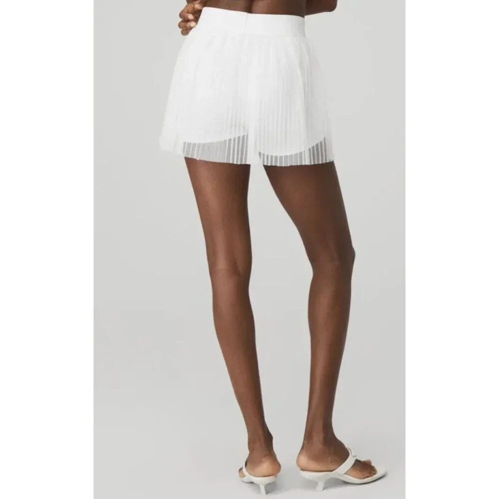 Alo Mesh Flirty Tennis Skirt White Sheer Transparent See-Through Pleated Skort